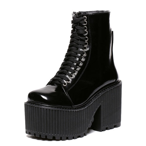 Gdgydh Fashion Ankle Boots For Women Platform Shoes Punk Gothic Style Rubber Sole Lace Up Black Spring Autumn Chunky Boots Woman