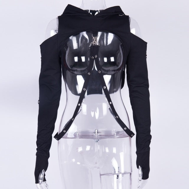 InstaHot Black Cold Shoulder Hooded Hoodies Women Gothic Sexy Autumn Long Sleeve Crop Tops Lady Cool Chain Fashion Clothes Loose