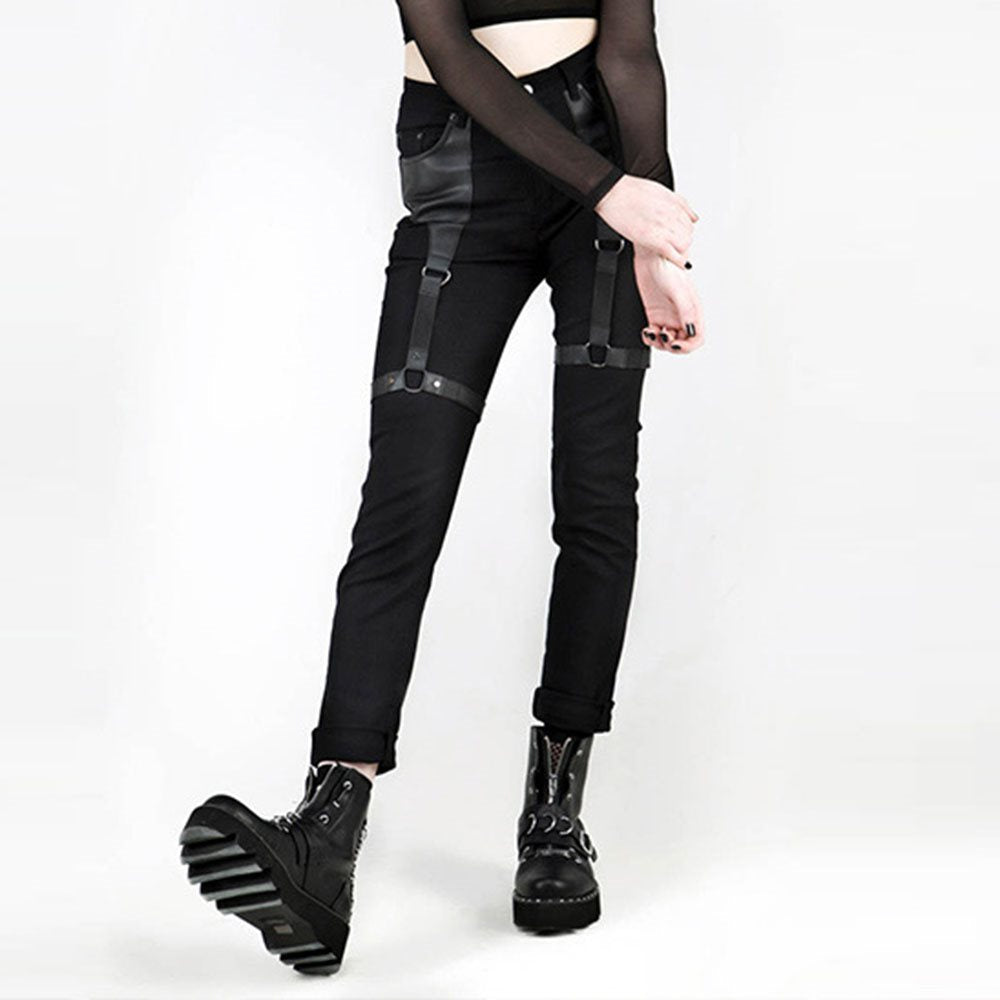 Rosetic Cargo Pants Women Punk Rock PU Leather Patchwork Black Streetwear Kpop Joggers Girl Gothic Spring Casual Skinny Trousers
