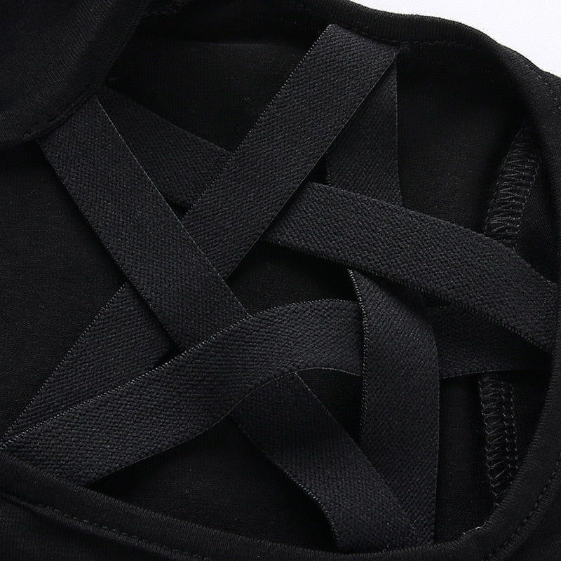 Harajuku t shirt gothic pentagram shoulder hollow out turtleneck long sleeve t-shirt women slim cotton 2019 new spring tshirt