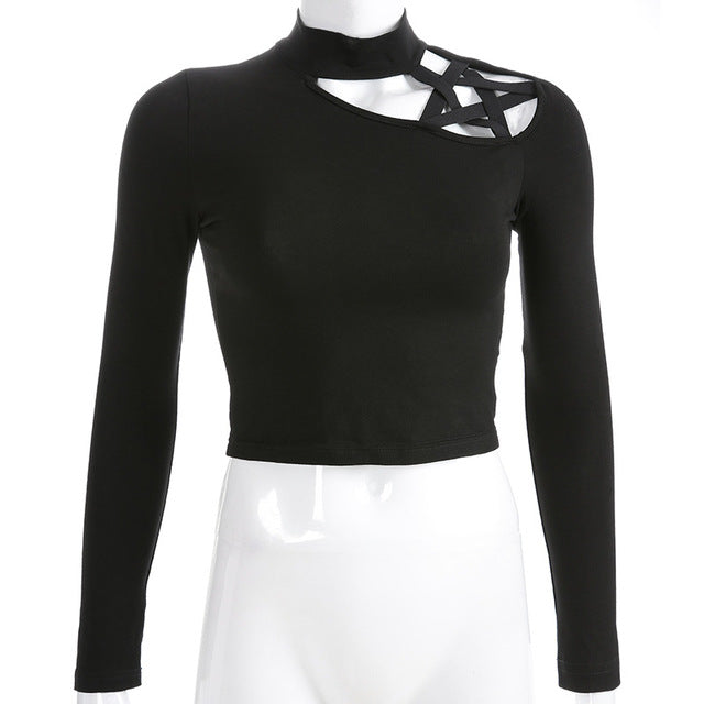 Harajuku t shirt gothic pentagram shoulder hollow out turtleneck long sleeve t-shirt women slim cotton 2019 new spring tshirt