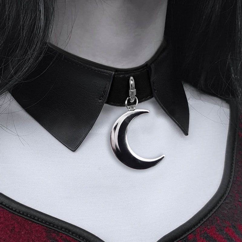 Goth Dark Necklace PU Leather Patchwork Gothic Moon Pendant Cool Chic Fashion Black Women Harajuku Jewelry 2019 Choker Necklaces