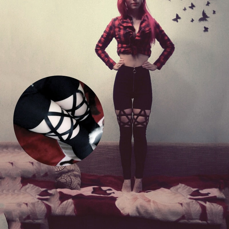 Rosetic Gothic Pants Hollow Out Pentagram Black Leggings Women Pencil Pants Slim Thin High Waist Zipper Plain Cool Sexy Pants
