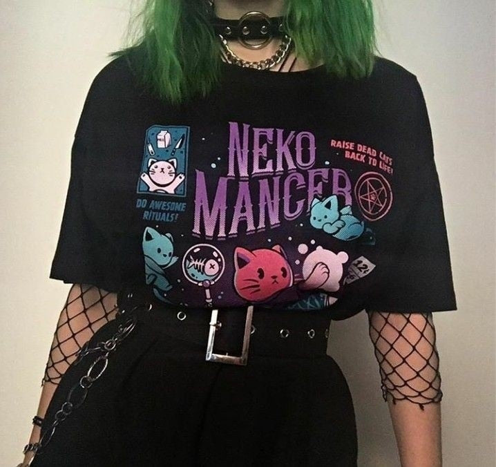 kuakuayu HJN Neko Mancer T-Shirt Unisex Cute Aesthetic Grunge Black Tee Satantic Gothic Clothing Witch Shirt
