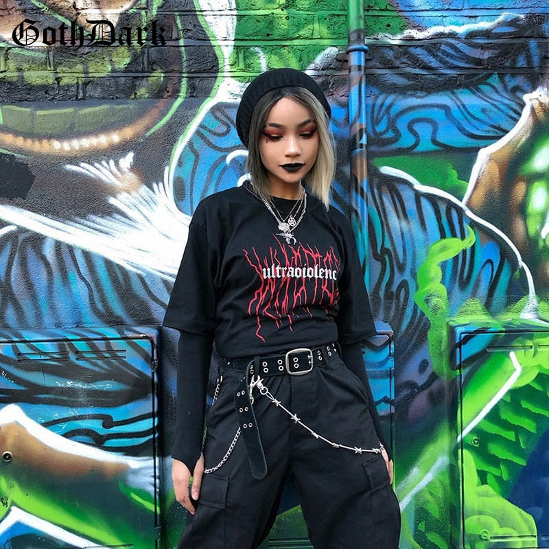 Goth Dark Black Loose Grunge Print T-shirts Gothic Harajuku Fashion Streetwear Summer 2019 Cool T-shirt For Women O-neck T shirt