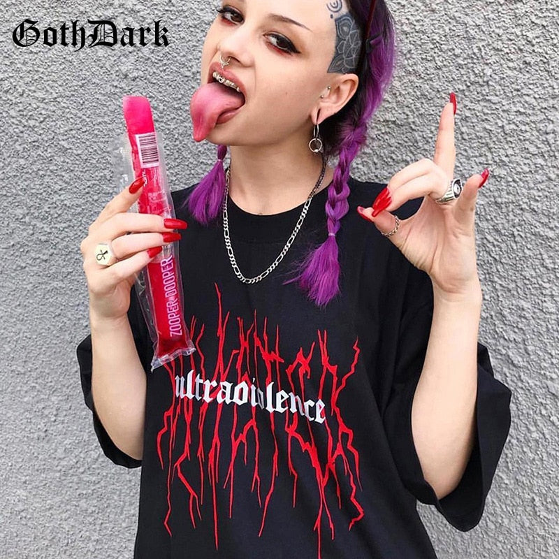 Goth Dark Black Loose Grunge Print T-shirts Gothic Harajuku Fashion Streetwear Summer 2019 Cool T-shirt For Women O-neck T shirt