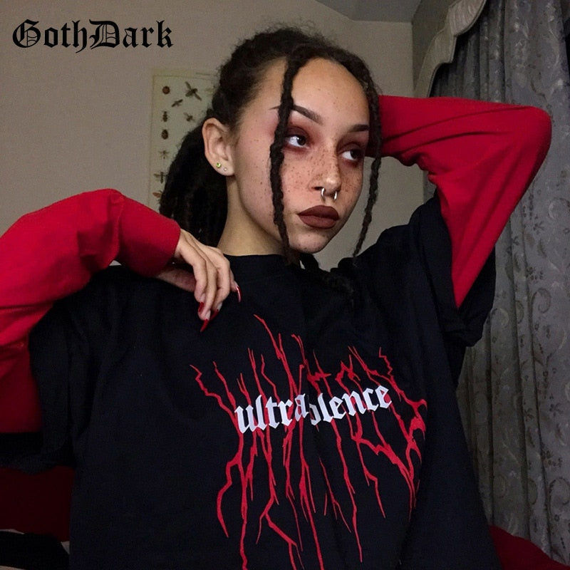 Goth Dark Black Loose Grunge Print T-shirts Gothic Harajuku Fashion Streetwear Summer 2019 Cool T-shirt For Women O-neck T shirt