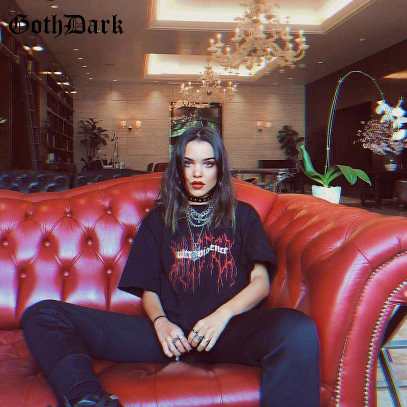 Goth Dark Black Loose Grunge Print T-shirts Gothic Harajuku Fashion Streetwear Summer 2019 Cool T-shirt For Women O-neck T shirt