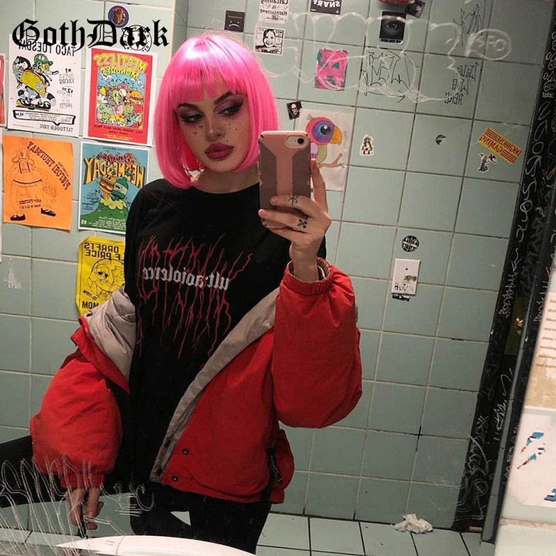 Goth Dark Black Loose Grunge Print T-shirts Gothic Harajuku Fashion Streetwear Summer 2019 Cool T-shirt For Women O-neck T shirt