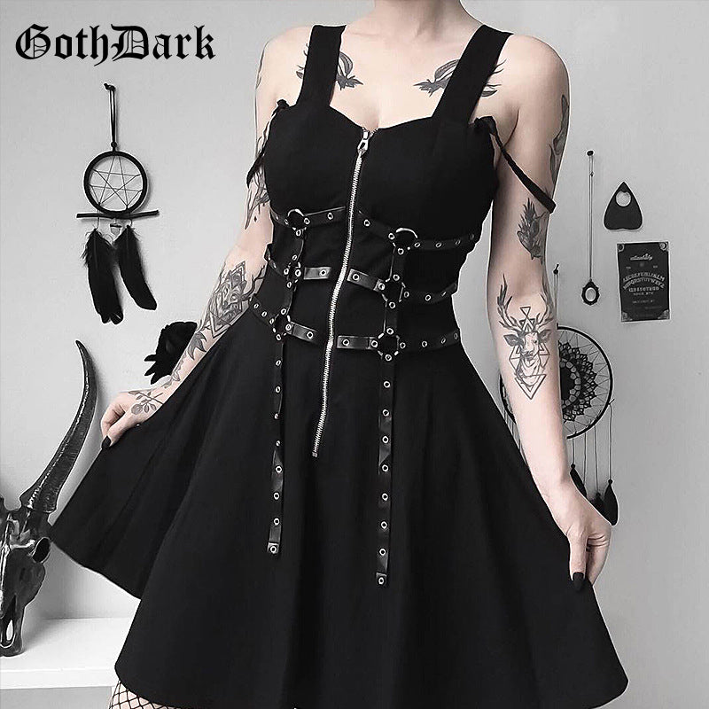 Gothic women's dress eyelet web zipper harajuku black mini dresses grunge Summer 2019 sleeveless backless a-line sexy punk rock