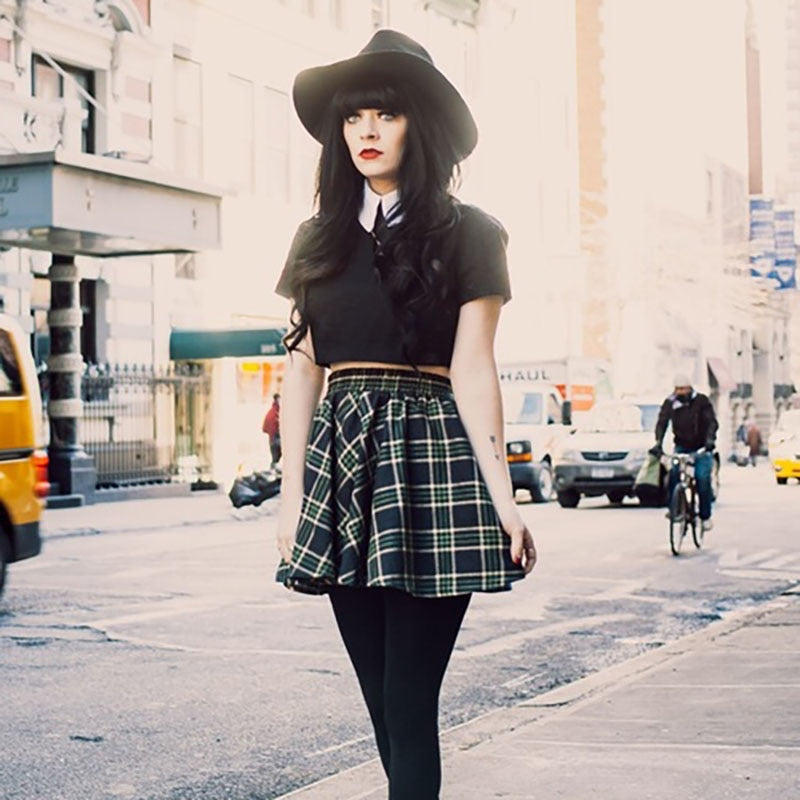 InstaHot Turn Down Collar Gothic T Shirts Women Short Sleeve Preppy Style Plaid Black Crop Tops Zip Up Punk Cute Lovely Tee 2019