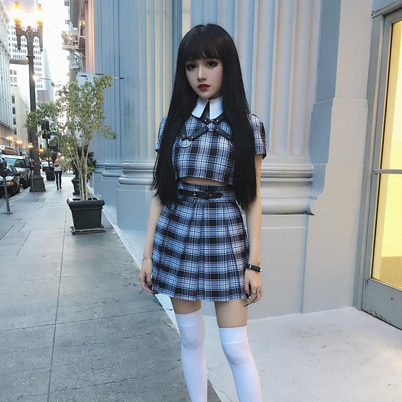 InstaHot Turn Down Collar Gothic T Shirts Women Short Sleeve Preppy Style Plaid Black Crop Tops Zip Up Punk Cute Lovely Tee 2019