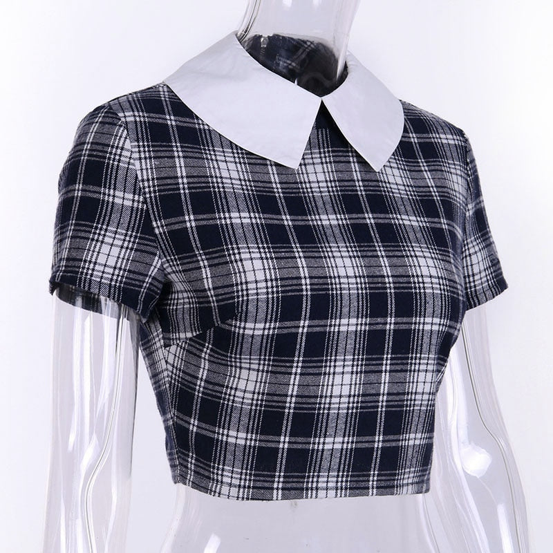 InstaHot Turn Down Collar Gothic T Shirts Women Short Sleeve Preppy Style Plaid Black Crop Tops Zip Up Punk Cute Lovely Tee 2019