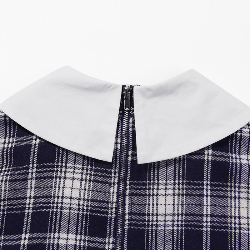 InstaHot Turn Down Collar Gothic T Shirts Women Short Sleeve Preppy Style Plaid Black Crop Tops Zip Up Punk Cute Lovely Tee 2019