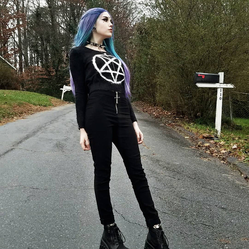 Goth Dark Aesthetic Solid Black Pants Gothic Harajuku Skinny Fashion Zipper High Waist Pants Summer 2019 Streetwear Trousers