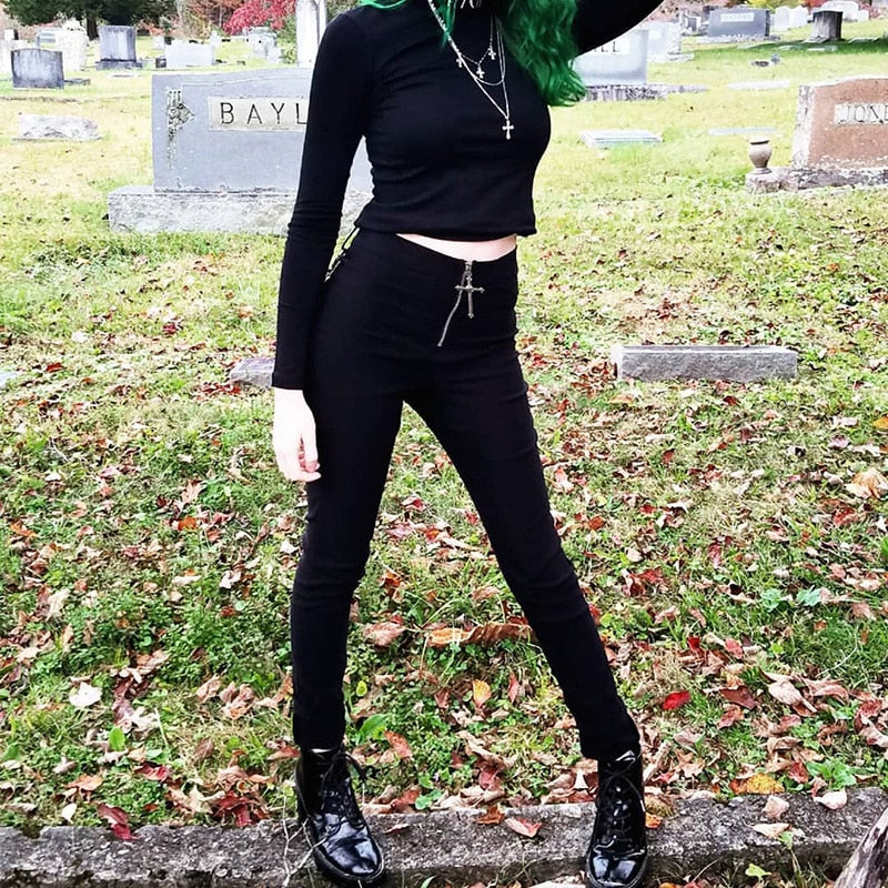 Goth Dark Aesthetic Solid Black Pants Gothic Harajuku Skinny Fashion Zipper High Waist Pants Summer 2019 Streetwear Trousers
