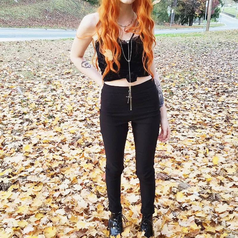 Goth Dark Aesthetic Solid Black Pants Gothic Harajuku Skinny Fashion Zipper High Waist Pants Summer 2019 Streetwear Trousers