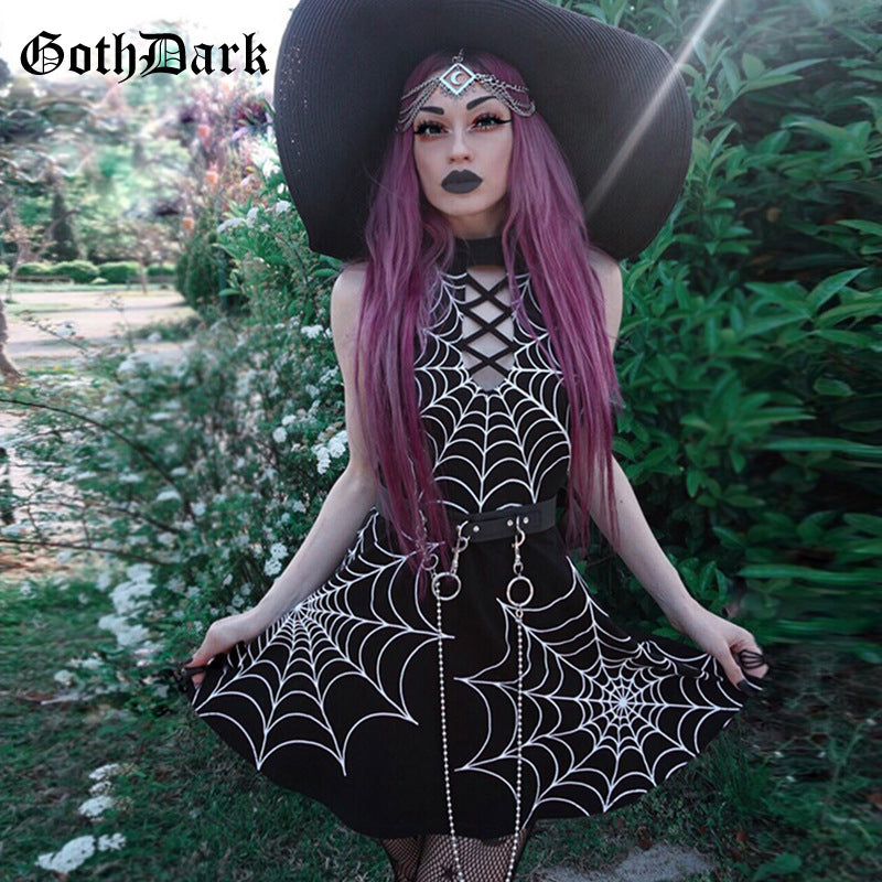 Goth Dark Aesthetic Grunge Gothic Print Dress Punk Patchwork Hollow Out Sexy Fashion Crisscross Bandage Halter Dresses Backless