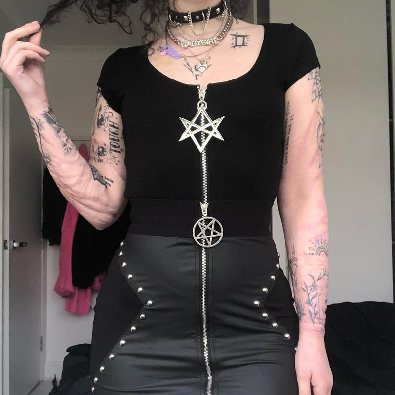 Summer Women Black Crop Tops Star Zipper Short Sleeve Gothic Tops Solid Basic Lady Short Tshirts Casual Bodycon Female Tops