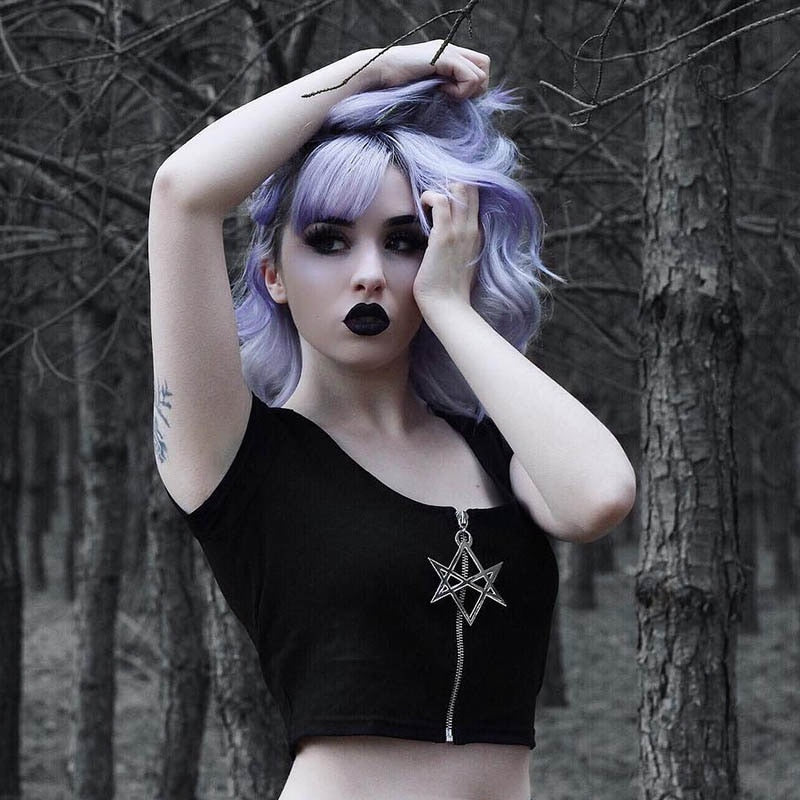 Summer Women Black Crop Tops Star Zipper Short Sleeve Gothic Tops Solid Basic Lady Short Tshirts Casual Bodycon Female Tops