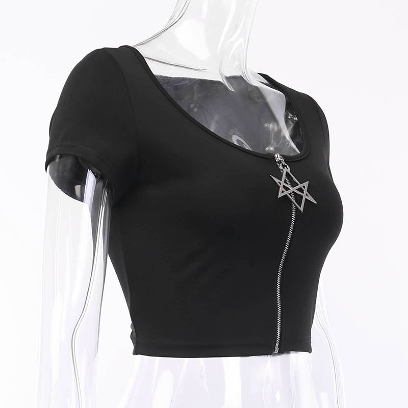 Summer Women Black Crop Tops Star Zipper Short Sleeve Gothic Tops Solid Basic Lady Short Tshirts Casual Bodycon Female Tops