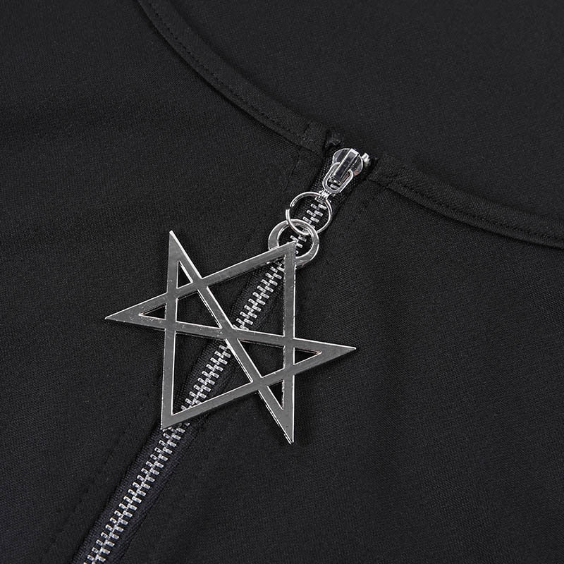 Summer Women Black Crop Tops Star Zipper Short Sleeve Gothic Tops Solid Basic Lady Short Tshirts Casual Bodycon Female Tops