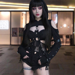 InstaHot Black Cold Shoulder Hooded Hoodies Women Gothic Sexy Autumn Long Sleeve Crop Tops Lady Cool Chain Fashion Clothes Loose