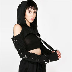InstaHot Black Cold Shoulder Hooded Hoodies Women Gothic Sexy Autumn Long Sleeve Crop Tops Lady Cool Chain Fashion Clothes Loose
