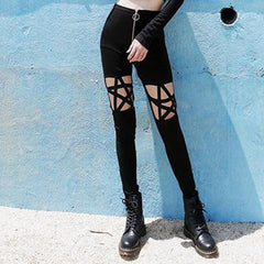 Rosetic Gothic Pants Hollow Out Pentagram Black Leggings Women Pencil Pants Slim Thin High Waist Zipper Plain Cool Sexy Pants