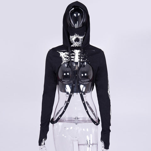 Gothic skull print skeleton hoodies long sleeve t-shirt turtlenek punk style hip women chain crop top cool streetwear black Tees