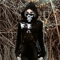 Gothic skull print skeleton hoodies long sleeve t-shirt turtlenek punk style hip women chain crop top cool streetwear black Tees