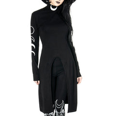 Gothic Moon Print Dresses Grunge Turtleneck Long Sleeve Mini Dress Fashion Design Bottom Split Black Darkness Streetwear Dress