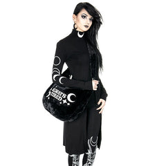 Gothic Moon Print Dresses Grunge Turtleneck Long Sleeve Mini Dress Fashion Design Bottom Split Black Darkness Streetwear Dress