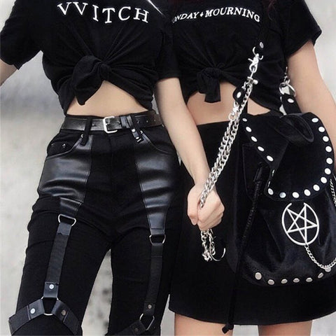 Rosetic Cargo Pants Women Punk Rock PU Leather Patchwork Black Streetwear Kpop Joggers Girl Gothic Spring Casual Skinny Trousers