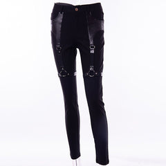 Rosetic Cargo Pants Women Punk Rock PU Leather Patchwork Black Streetwear Kpop Joggers Girl Gothic Spring Casual Skinny Trousers