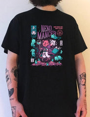 kuakuayu HJN Neko Mancer T-Shirt Unisex Cute Aesthetic Grunge Black Tee Satantic Gothic Clothing Witch Shirt