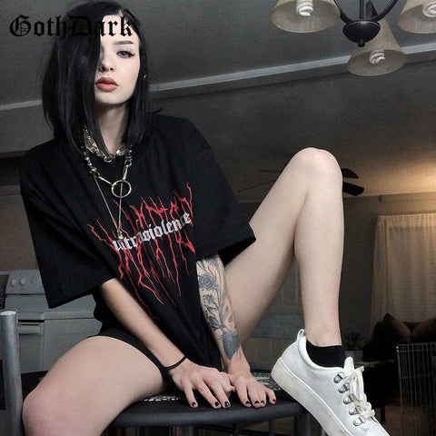 Goth Dark Black Loose Grunge Print T-shirts Gothic Harajuku Fashion Streetwear Summer 2019 Cool T-shirt For Women O-neck T shirt