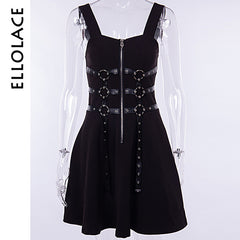 Gothic women's dress eyelet web zipper harajuku black mini dresses grunge Summer 2019 sleeveless backless a-line sexy punk rock