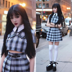 InstaHot Turn Down Collar Gothic T Shirts Women Short Sleeve Preppy Style Plaid Black Crop Tops Zip Up Punk Cute Lovely Tee 2019