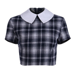 InstaHot Turn Down Collar Gothic T Shirts Women Short Sleeve Preppy Style Plaid Black Crop Tops Zip Up Punk Cute Lovely Tee 2019