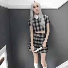 InstaHot Turn Down Collar Gothic T Shirts Women Short Sleeve Preppy Style Plaid Black Crop Tops Zip Up Punk Cute Lovely Tee 2019