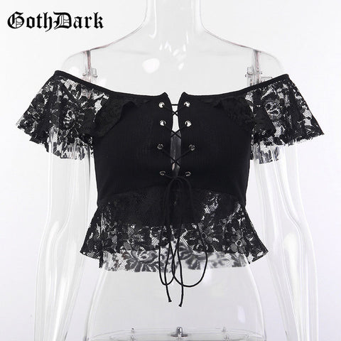 Goth Dark Black lace T-shirts Mesh Hollow Out Hole Crop Top Gothic Sexy Eyelet Backless Transparent Patchwork Slash Neck T-shirt