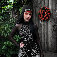 Goth Dark Aesthetic Grunge Gothic Print Dress Punk Patchwork Hollow Out Sexy Fashion Crisscross Bandage Halter Dresses Backless