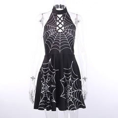 Goth Dark Aesthetic Grunge Gothic Print Dress Punk Patchwork Hollow Out Sexy Fashion Crisscross Bandage Halter Dresses Backless