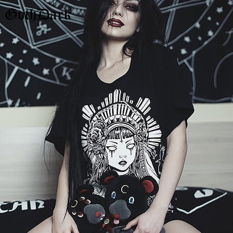 Goth Dark Grunge Black Print T-shirts Gothic Loose Punk Harajuku Streetwear Summer 2019 T-shirt Female Fashion Aesthetic T shirt