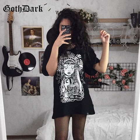Goth Dark Grunge Black Print T-shirts Gothic Loose Punk Harajuku Streetwear Summer 2019 T-shirt Female Fashion Aesthetic T shirt